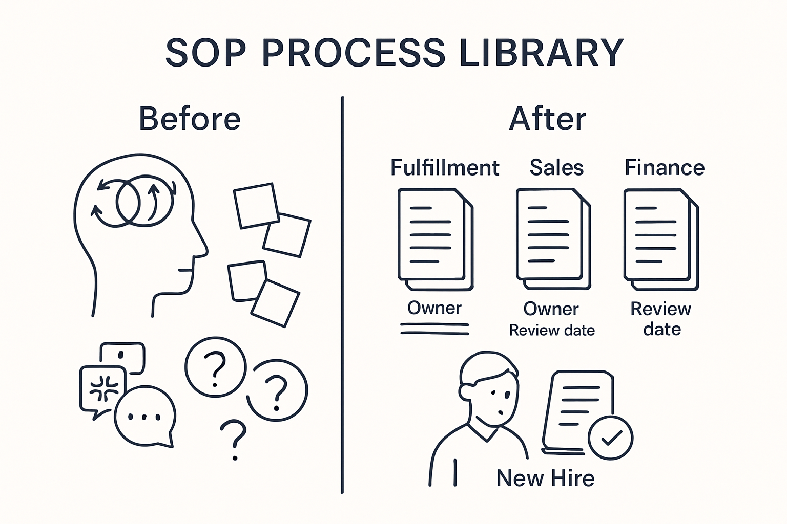 SOP process library before and after: knowledge in heads becomes organized Fulfillment, Sales, Finance document library with owners and review dates