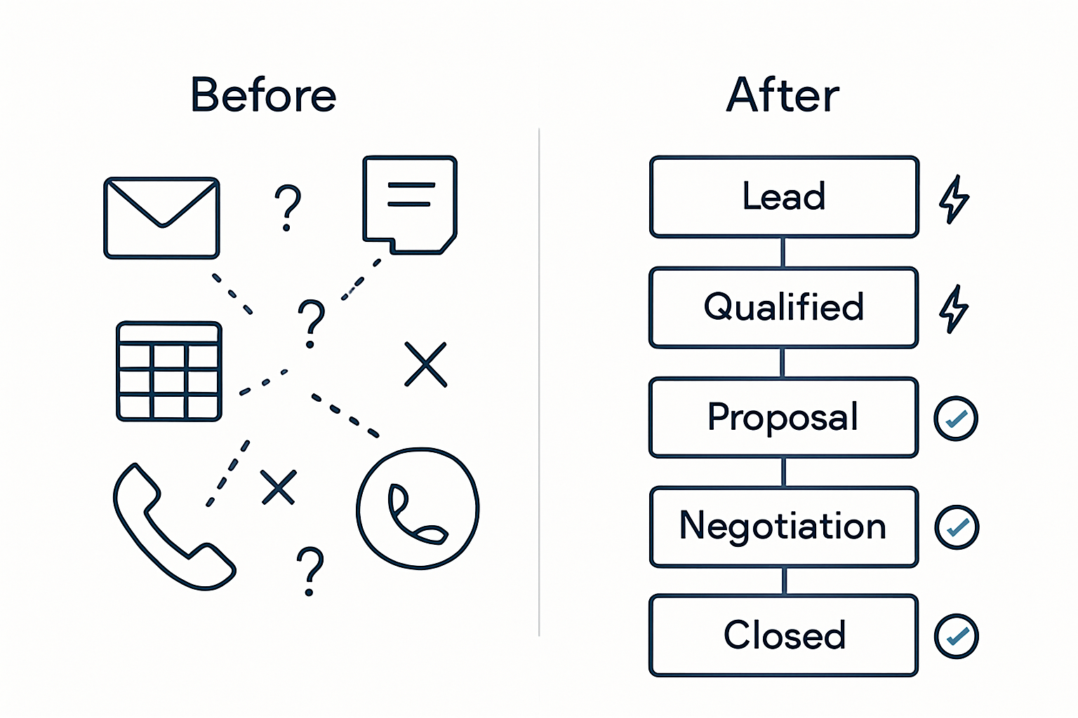 Zoho CRM before and after: scattered emails and spreadsheets become a clean sales pipeline with automation
