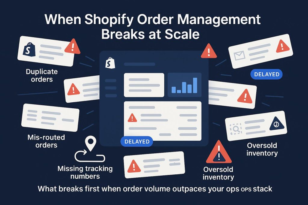 Infographic showing Shopify order management dashboard overwhelmed with errors and alerts at high order volume