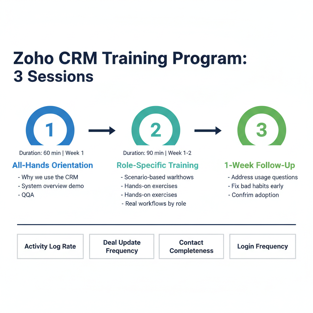 Zoho CRM training program 3 sessions timeline