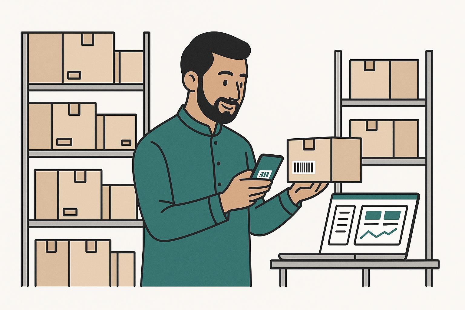 Pakistani Shopify COD store owner scanning inventory barcodes in a warehouse with a stock dashboard on a laptop